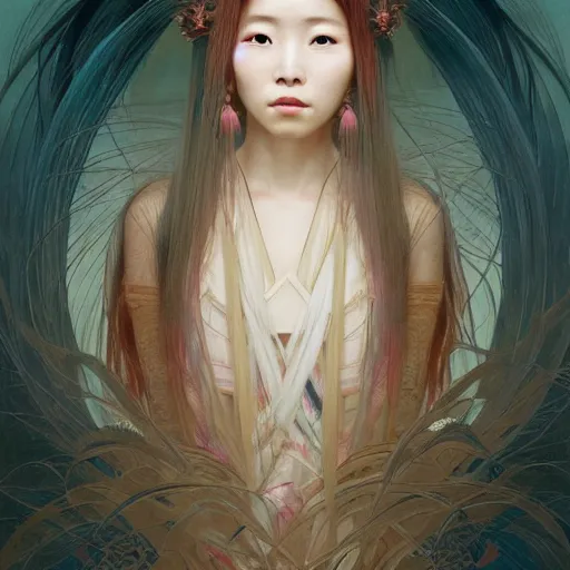 Image similar to A portrait of A Chinese woman with long hair by Ross Tran!!! and alphonse mucha and greg rutkowski! and gustav doré! and Zdzisław Beksiński!,In style of digital art illustration.Symmetry.Highly detailed face.Fantasy,smooth,hyper detailed,sharp focus,Soft light.trending on artstation.