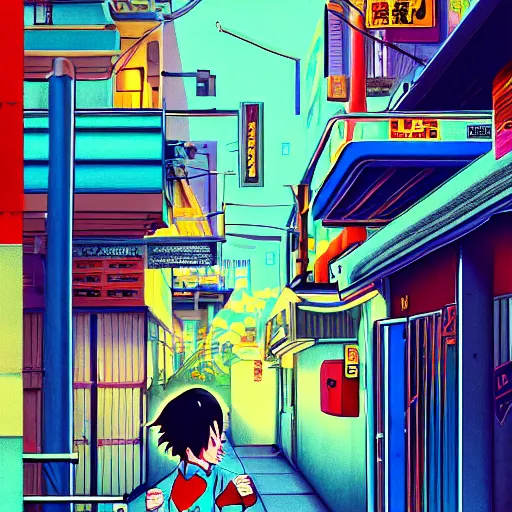 Prompt: salary man in small alley in golden gai, vaporwave nostalgia, commodore 6 4, visual novel cg, 8 0 s anime vibe, kimagure orange road, maison ikkoku, trending on artstation