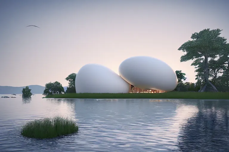 Image similar to many white round egg shaped building combinations intersect and depend on each other to form a building, by pierre bernard, on the calm lake, people's perspective, future, interior wood, dusk, unreal engine highly rendered, global illumination, radial light, internal environment