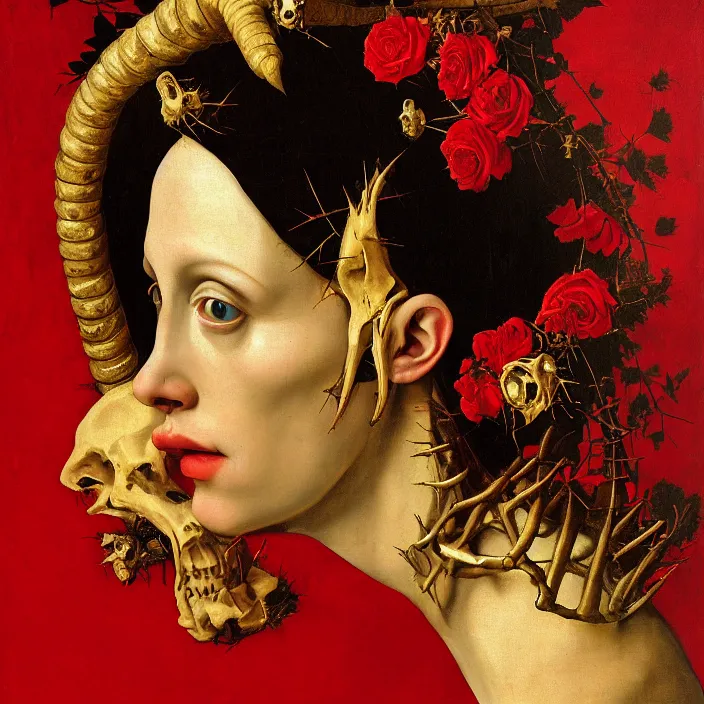 Image similar to portrait of a woman with a golden skull instead of a head, a wreath of thorns, a dress of bones and roses, horns, snakes, smoke, flames, full-length, oil painting in a renaissance style , very detailed, red background, painted by Caravaggio.