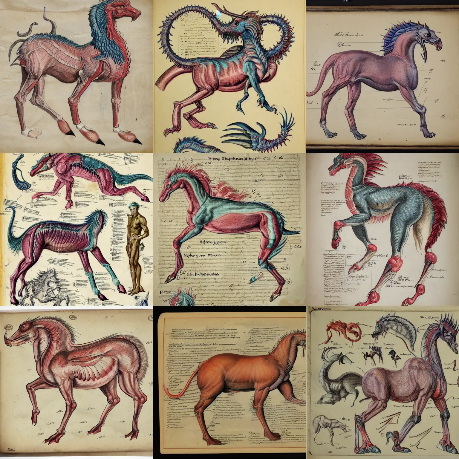 Prompt: Vintage, detailed, colored sketch of mythical creature anatomy, full body, with full descriptions, on parchment