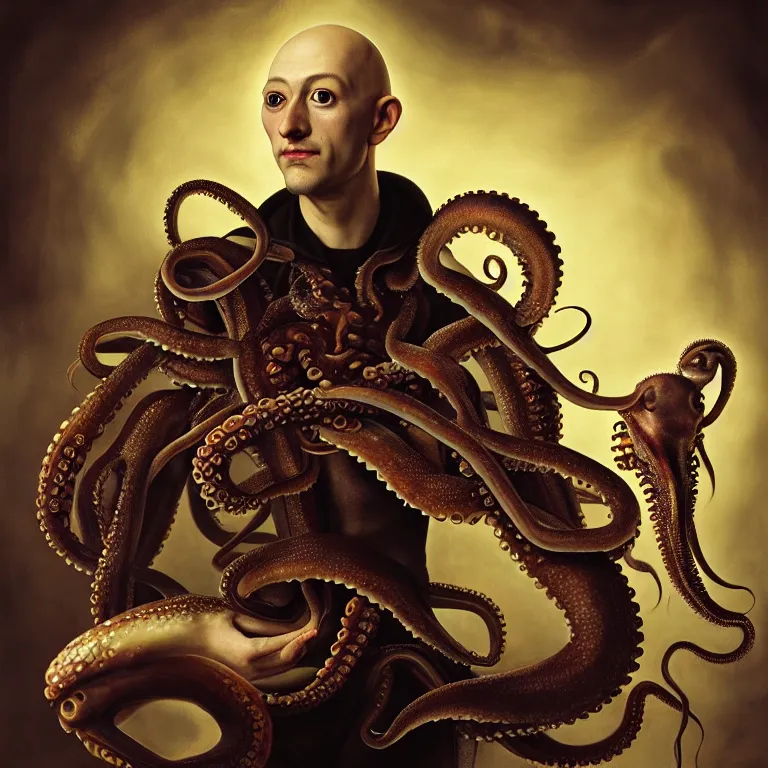 Prompt: young manly bald man wearing exoskeleton, holding a squid, octopus, shell, black background, beautiful baroque portrait painting, psychedelic, trippy, hallucination, dream, beautiful detailed intricate insanely detailed octane render trending on Artstation, 8K artistic photography, photorealistic, chiaroscuro, Raphael, Caravaggio