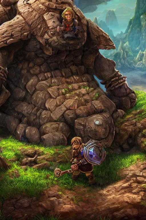 Image similar to zelda fantasy art giant golem troll wood rock greeble gemstone, global illumination ray tracing hdr fanart arstation by sung choi and eric pfeiffer and gabriel garza and casper konefal