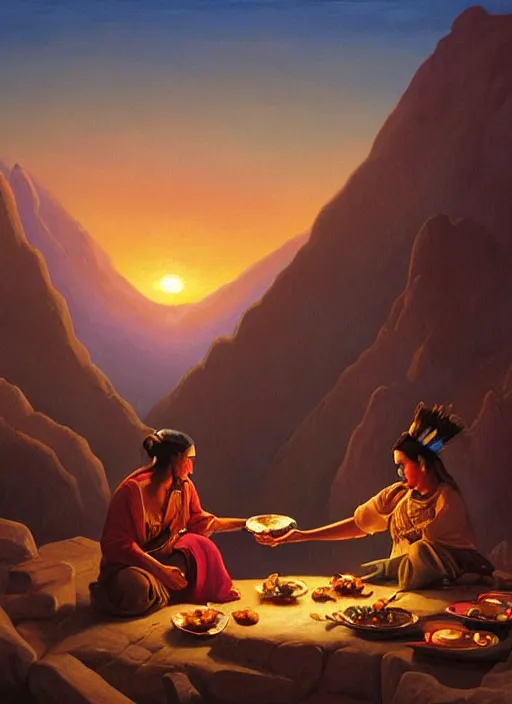 Prompt: a beautiful painting of two incan people exchanging food and fabrics at the top of a mountain with sunset, art by christophe vacher