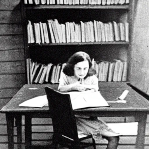 Image similar to Photograph of Anne frank writing in her diary in the attic