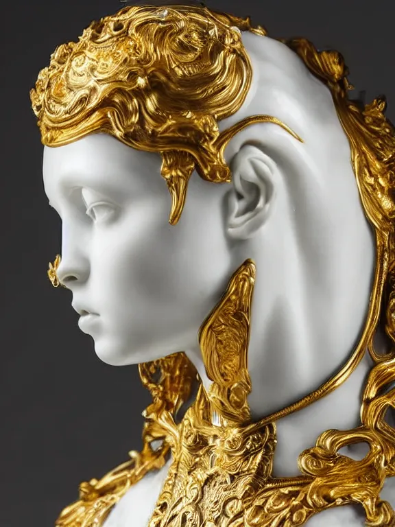 Prompt: a backlit art nouveau marble head and torso sculpture of a worried young millie bobby brown with long, flowing hair, wearing intricate gold plate armor on her chest and an elaborate golden helmet, delicate, intricate, smooth, beautiful, glowing, by charles van der stappen