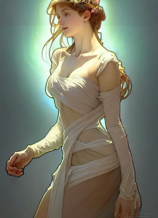 Image similar to digital character concept art by artgerm and greg rutkowski and alphonse mucha. clear portrait of a modern young wife blessed by god to uncontrollably grow overwhelmingly perfect!! blonde, in clothes! feminine well - formed holy body!! light effect. hyper detailed, glowing lights!! intricate, elegant, digital painting, artstation, smooth, sharp focus