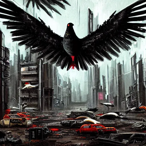 Prompt: A dark painting of a cyberpunk city infested with giant pigeons, trending on deviantart