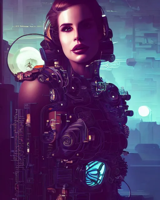 Image similar to portrait of lana del rey as a cyberpunk cyborg. roses, sci - fi, missing panels, intricate abstract, upper body, intricate artwork, by tooth wu, wlop, beeple, dan mumford. concept art, 8 k octane render, deviantart, greg rutkowski, cinematic, key art, hyperrealism, iridescent accents