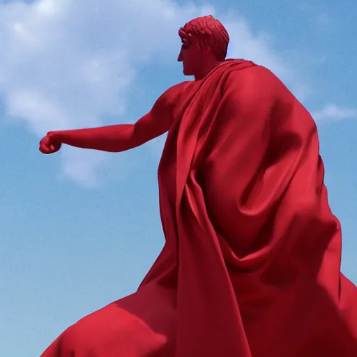 Image similar to a roman statue covered by red cloth that's blowing in the wind, digital art, concept art, cloth simulation with houdini, octane, redshift, 8 k