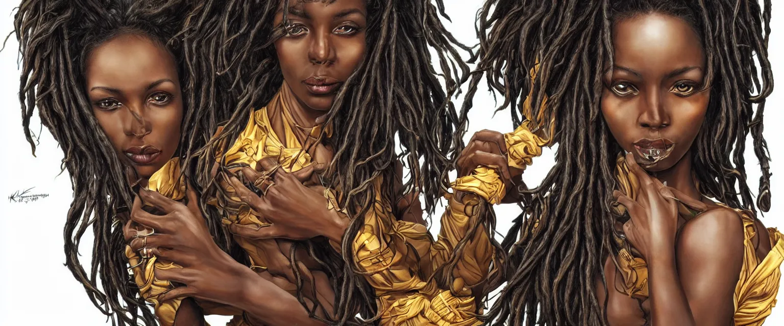 Image similar to a highly detailed symmetrical full body painting of a dark skinned beautiful black woman blow drying dreadlocks in 1 9 8 0's setting, dynamic lighting, ambient lighting, deviantart, art by artgerm and karol bak and mark brooks h