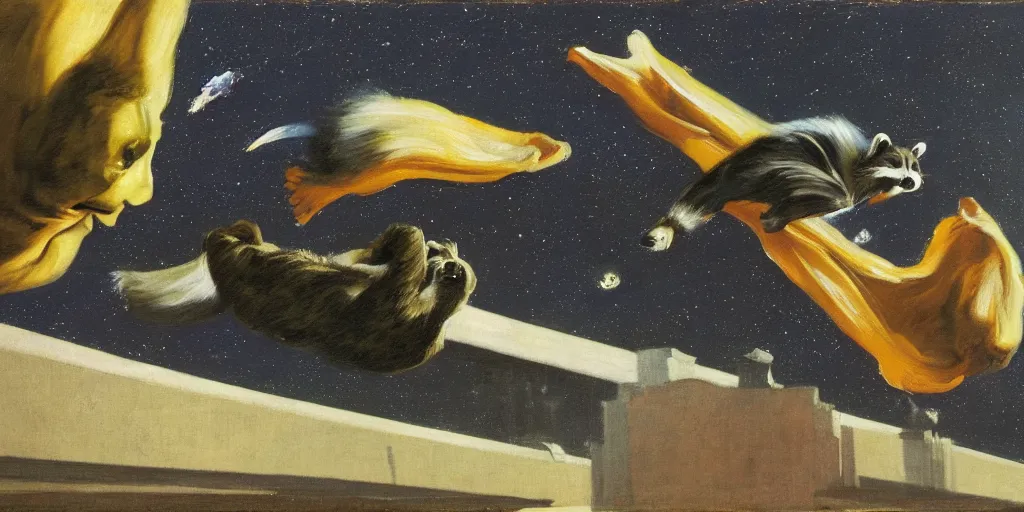 Prompt: raccoons flying across the galaxy, by francis bacon and edward hopper