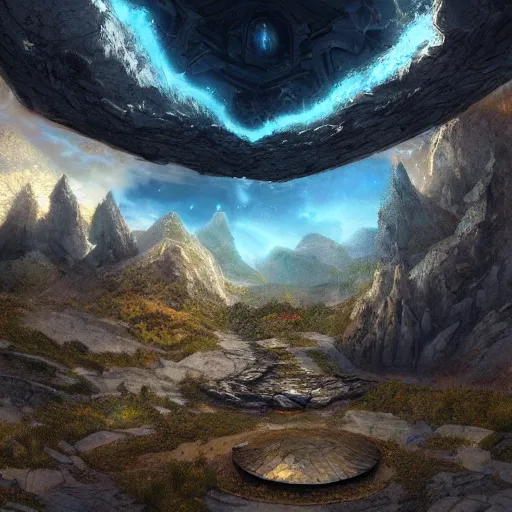 Prompt: Multiverse portal in a mountain, digital art, realistic, high definition, detailed, artstation, concept art