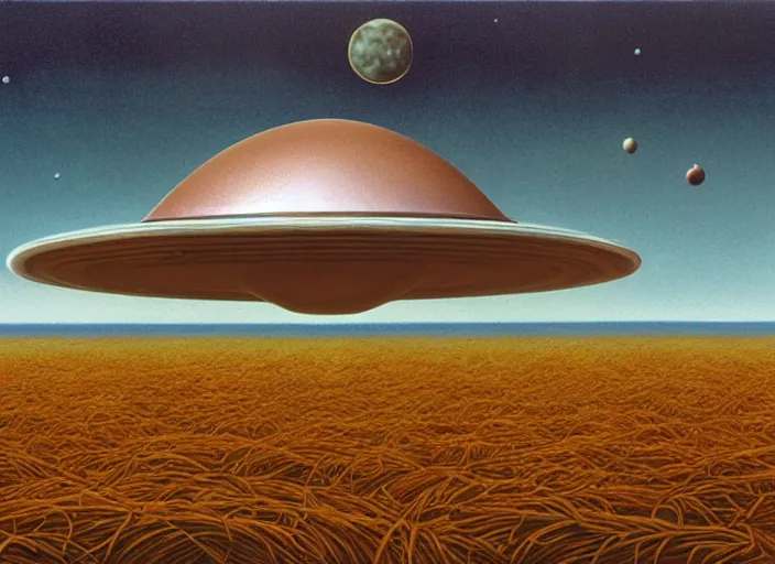 Image similar to ufo flying saucer space ship landing in field of spaghetti and meatballs, albumen silver print by timothy h. o'sullivan ralph mcquarrie