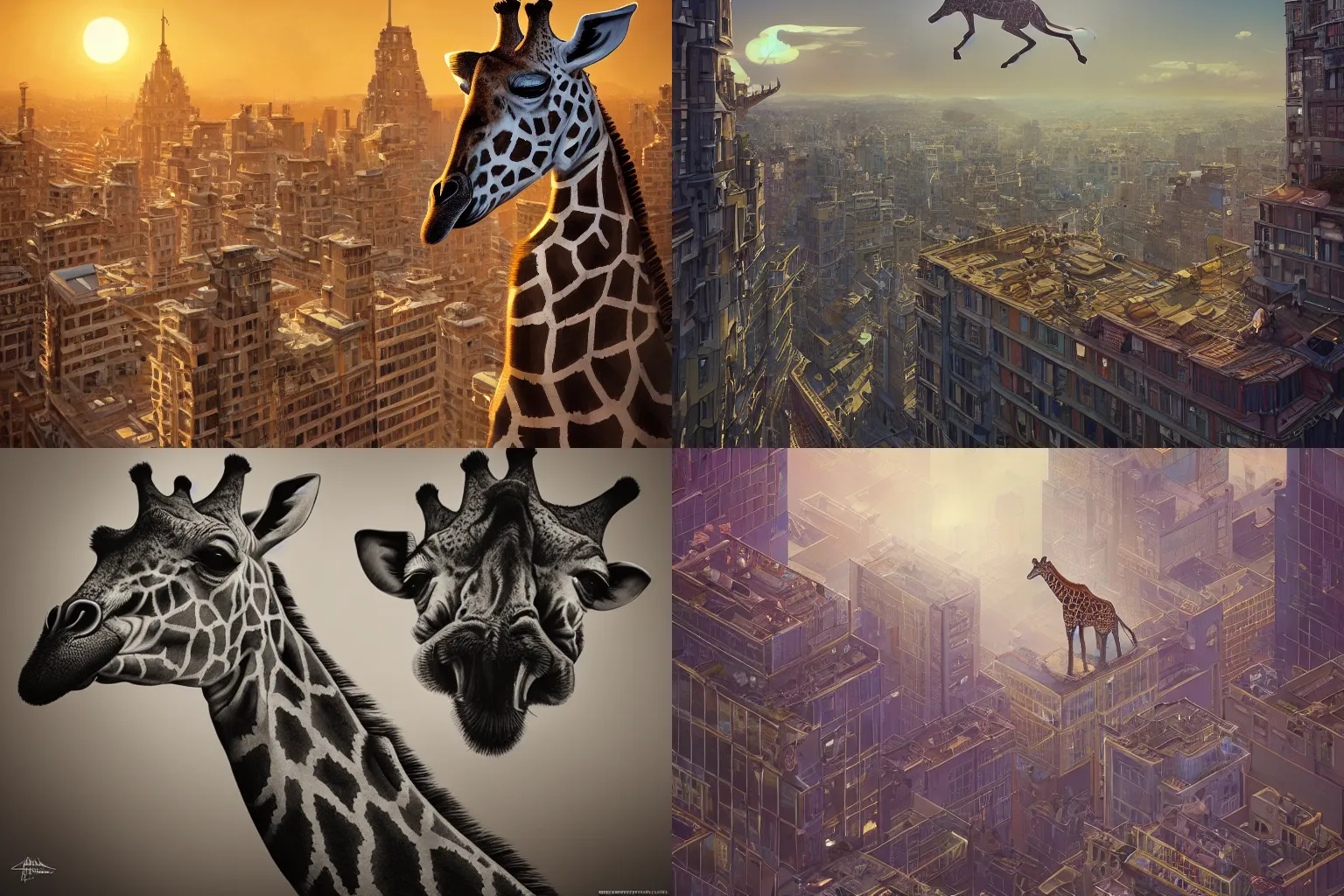 Prompt: portrait isometric drawing, giraffe on rooftop, intricate, epic lighting, cinematic composition, hyper realistic, 8 k resolution, unreal engine 5, by artgerm, tooth wu, dan mumford, beeple, wlop, rossdraws, james jean, andrei riabovitchev, marc simonetti, yoshitaka amano, artstation