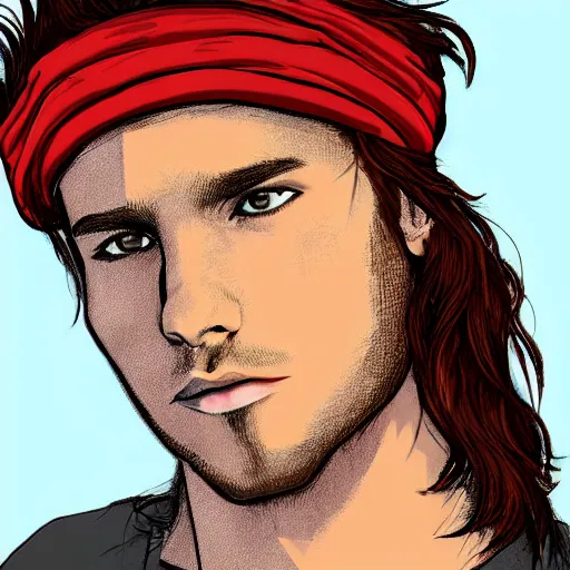 Image similar to professional digital art of a fashionable young man with long red hair and a black sweatband, high quality, highly detailed, HD, 8K