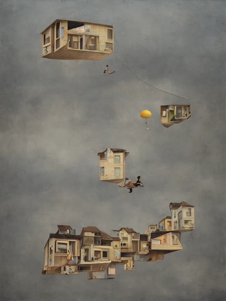 Image similar to artist cinta vidal painting on wooden canvas of house floating in the air,