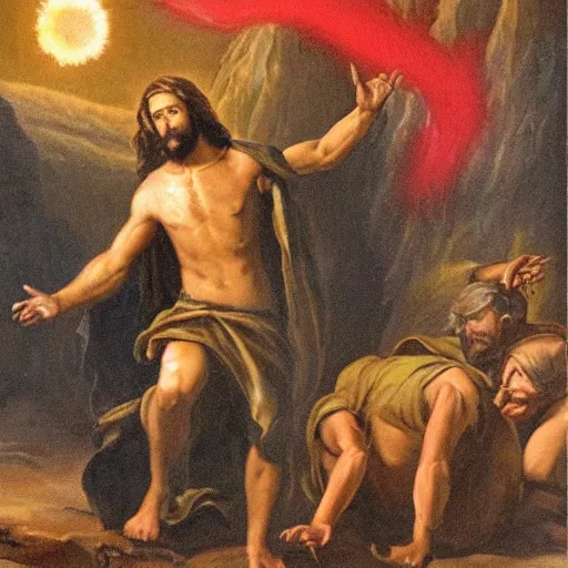 Prompt: jesus throwing fireballs at infidels