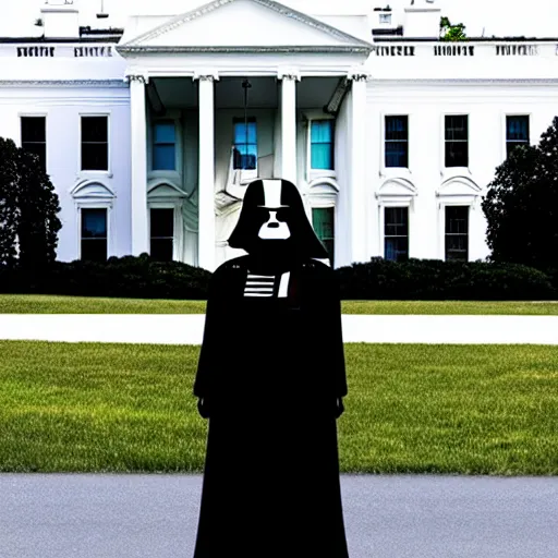 Prompt: darth vadar standing in front of the white house in the USA
