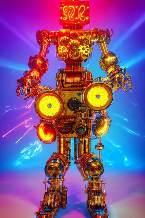 Image similar to portrait photo of a giant huge golden and blue metal humanoid steampunk robot guitarplayer covered with multicolored big gears and tubes, a huge red guitar, eyes are glowing red lightbulbs, shiny crisp finish, 3 d render, 8 k, insaneley detailed, fluorescent colors, background is multicolored lasershow