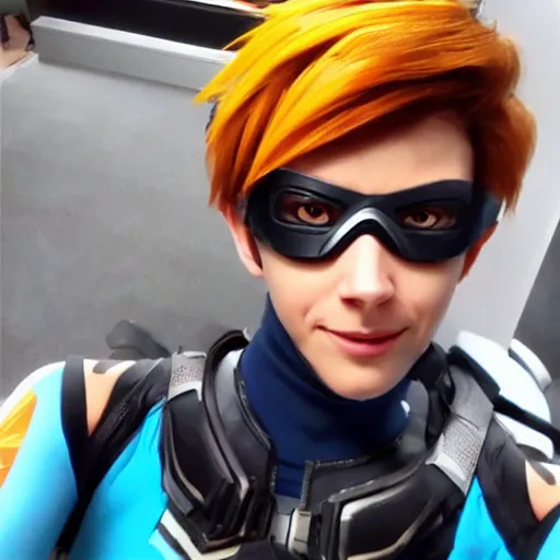 Image similar to tracer from overwatch wearing googles smartphone selfie