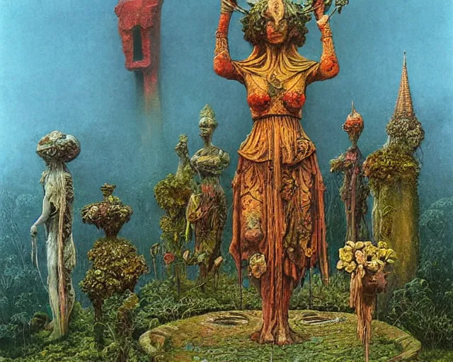 Image similar to a pagan luscious garden with amazing little altar and plants with a gigantic statue of an ancient god stretching its arms above the garden by beksinski, digital art, colorful, artstation, beksinski