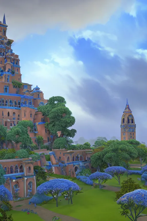 Image similar to view of the mysterious blue tower in its gardens after a storm, tall windows lit up, beautiful ornamental architecture, dramatic cinematic lighting, rich colors, by Nicholas Roerich and William Dyce and April Gornik and Sylvain Sarrailh and Ludwig Deutsch and Diego Rivera, unreal engine