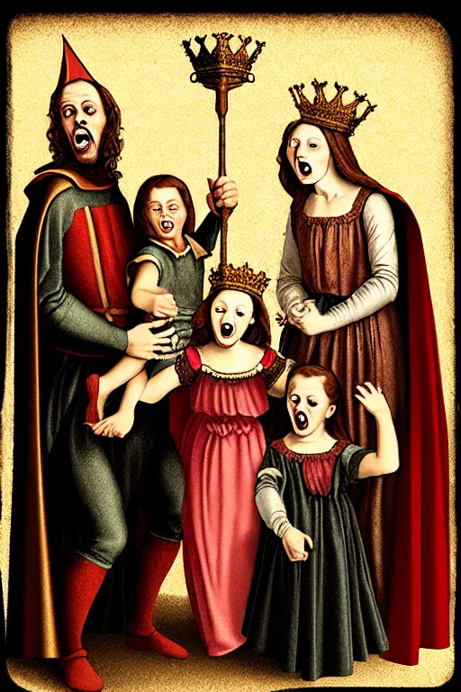 Image similar to renaissance style creepy family screaming, wearing a crown and a cape, dark background, atomic explosion