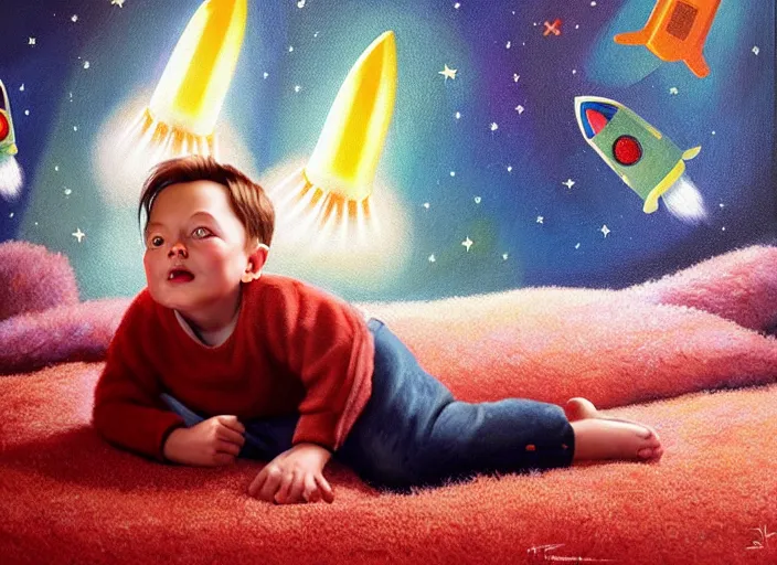 Image similar to toddler elon musk lying on a shaggy rug playing with his space rockets, realistic oil painting, beautiful soft lighting, istvan sandorfi