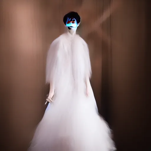 Image similar to a beautiful young korean male wearing a translucid lace wedding gown designed by alexander mcqueen, photographed by andrew thomas huang for a fashion editorial