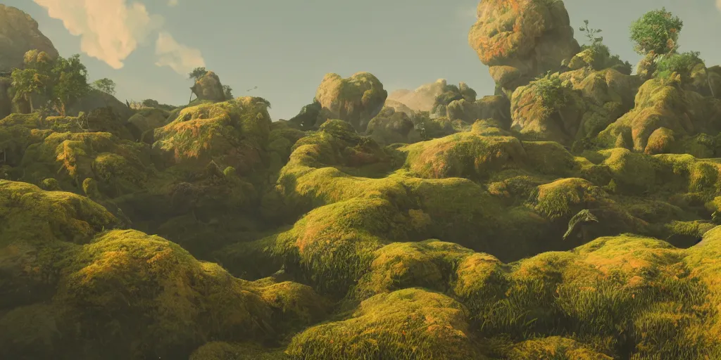 Image similar to 3d rendered landscape painted by james jean playstation journey style , redshift, octane