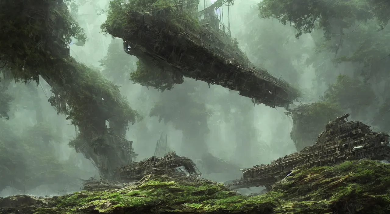 Prompt: rusty warship dreadnought shipwreck in a lush forest, sci-fi, ivy, moss, trending on artstation, concept art by Greg Rutkowski and Sebastian Luca, global illumination