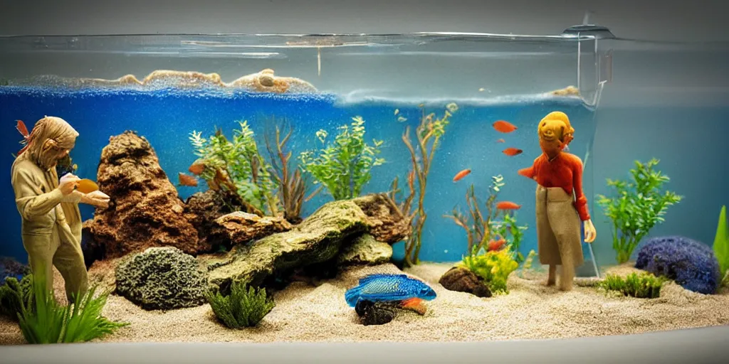 Prompt: fish tank in hospital waiting room. hands in tank. plasticine model of newt. figures clay. weird. surreal. fish tank with sand. strange. bubbles. tilt shift. aquatic. photorealistic.