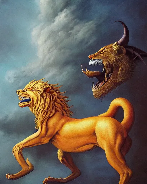 Prompt: oil painting of a mythical manticore, a legendary animal with the head of a man, the body of a lion, and the tail of a dragon or scorpion. in the style of michael whelan, darryl k. sweet, trending on artstation