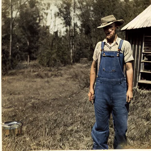 Prompt: a hillbilly drinking a bottle of beer infront of his shack home, blue overalls, redneck, photograph, 1 9 1 7, colorized, high quality, high resolution