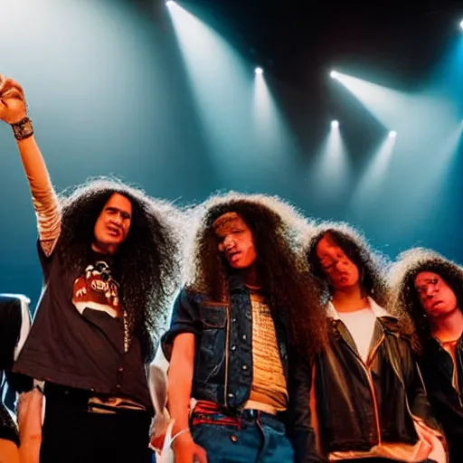 Image similar to Group of ethnically diverse 19-year-old boys and girls with long permed wavy brown hair and afros leather jacket and denim jeans, holding electric guitars, 2022, stoner rock, heavy rock, concert, live in concert, HD photography