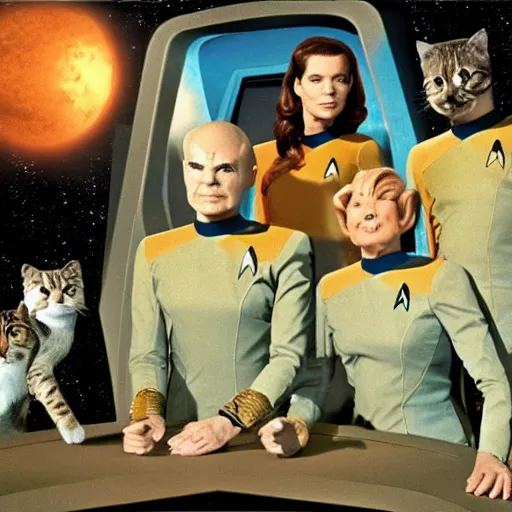Prompt: a scene from star trek but the crew are cats