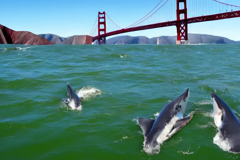 Prompt: golden gate bridge with sharks in water,