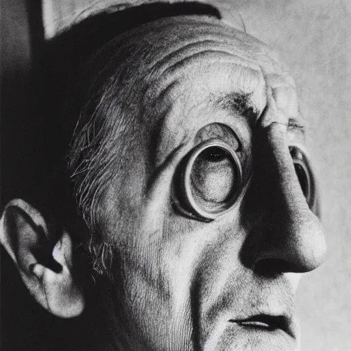 Prompt: a close - up mechanical portrait of marcel duchamp in the style of man ray and shinya tsukamoto and irving penn