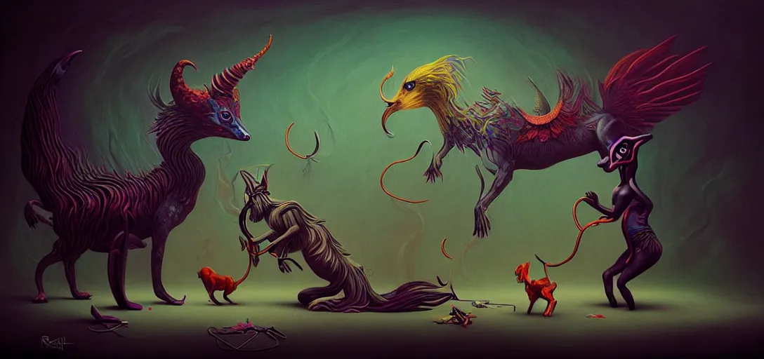 Image similar to strange mythical beasts of whimsy, surreal dark uncanny painting by ronny khalil