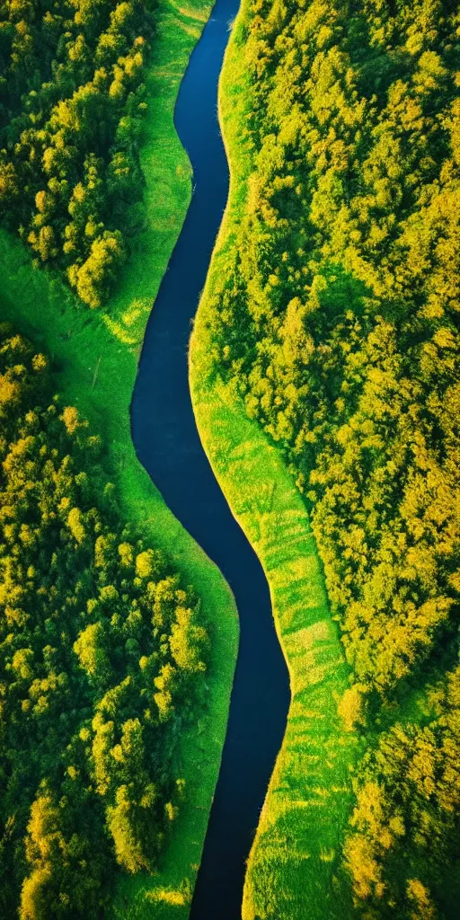 Prompt: wide!!! landscape photo of river that follows the distinct shape of a lateral human spinal!! column!!!, high detail, drone photo, golden hour, lush green vegetation, medium format