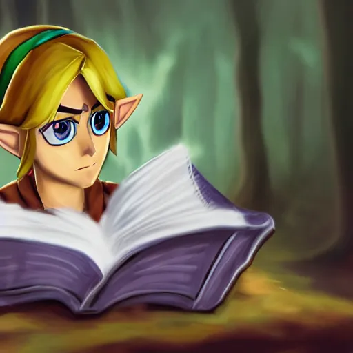 Prompt: link from legend of zelda reading the bible, trending on artstation