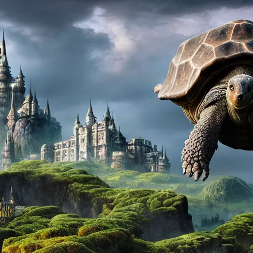 Image similar to giant tortoise walking with a large fantasy castle rising growing from the top of it, distant shot birds eye view, fantasy, hyper detailed, 4 k, howls moving castle, mortal engines,