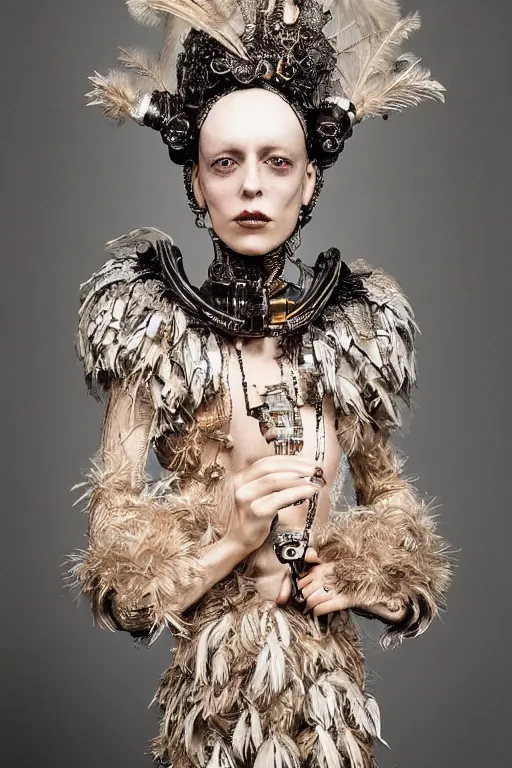 Image similar to photography portrait by paolo roversi of a actress robot smoking wearing a ornate costume with feathers by iris van herpen, highly detailed, artstation, smooth, sharp foccus, artstation hq, skin grain detail, high detail, creativity in fashion design