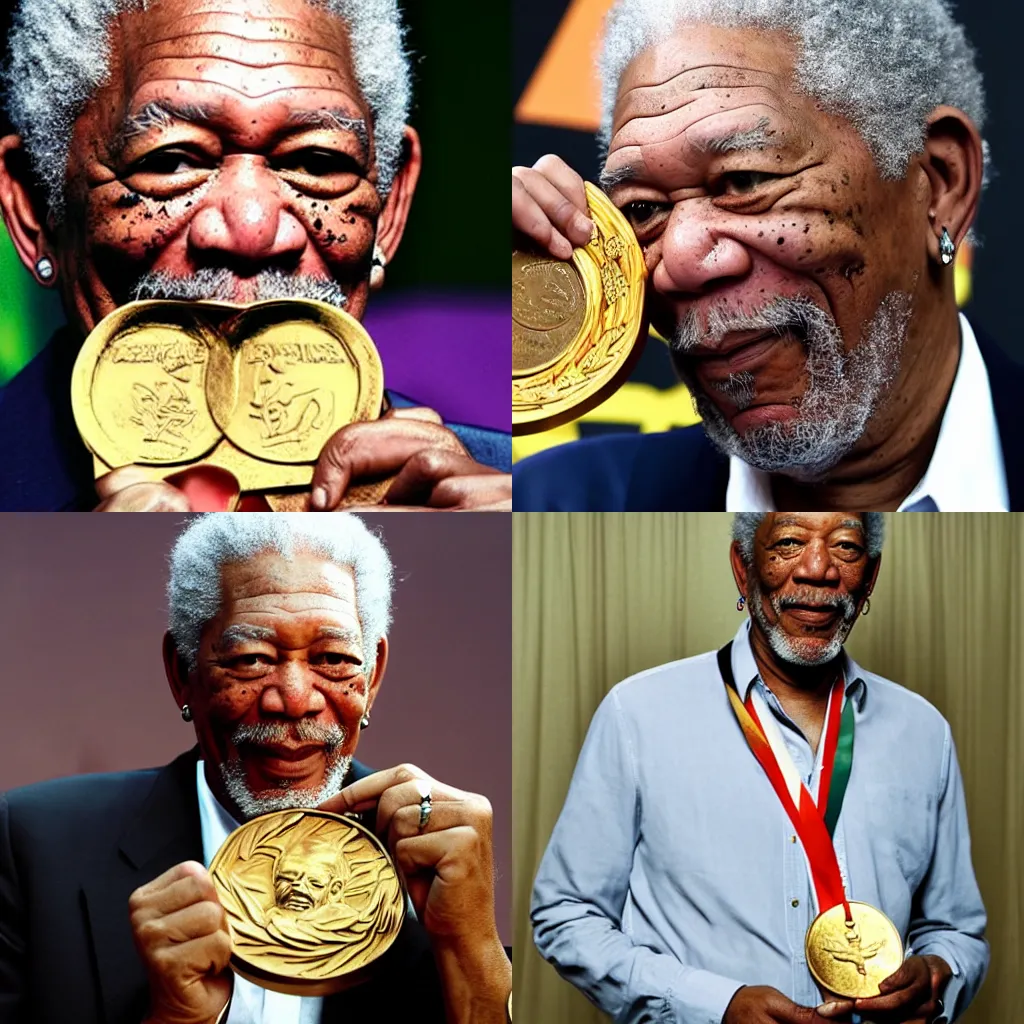 Prompt: Morgan Freeman biting his large golden medal while winking into the camera