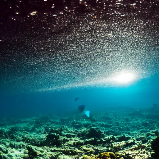 Image similar to ultrawide shot backlit ploughing the seabed underwater