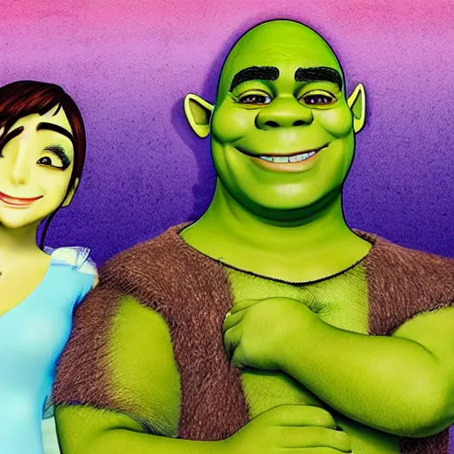 Prompt: two beautiful mature shrek in a summer home, casual summer clothes, gorgeous faces, thick lines, cinematic lighting, detailed anime art