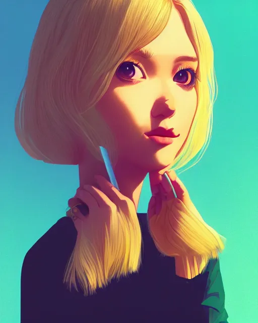 Image similar to digital illustration of pretty girl sa rina with shoulder length blonde hair wearing a sweater, from alice in wonderland, smoking, at night, by ilya kuvshinov, lois van baarle, rossdraws, basquiat