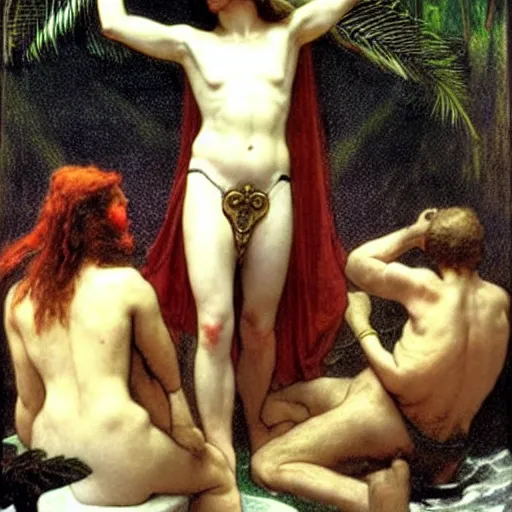 Image similar to Justice with a blood dripping chalice at the palace, thunderstorm, pool, beach and palm trees on the background major arcana sky, by paul delaroche, alphonse mucha and arnold böcklin arnold böcklin hyperrealistic 8k, very detailed