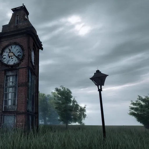 Image similar to An abandoned wacky clock tower based in the victorian period, the clouds are darky with gloomy lighting in unreal engine